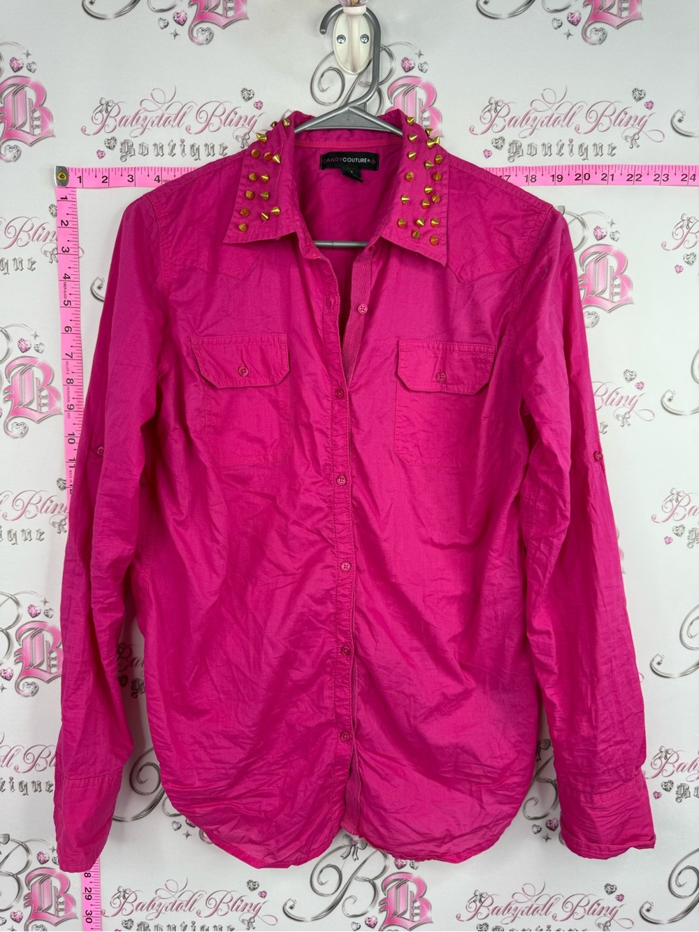 Candy couture shirt studded 3D spike Hot Pink Studded Collar Button-Down Shirt